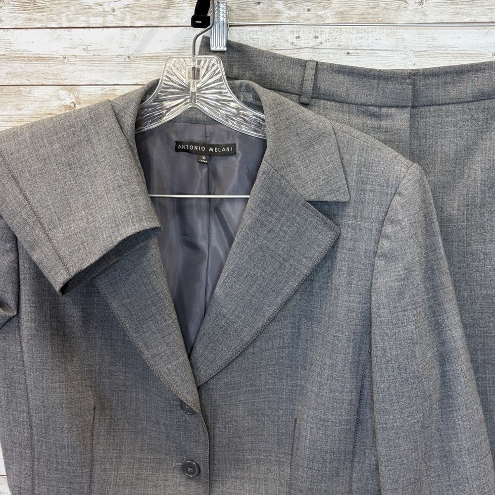 Antonio Melani Womens Pant Suit 2 Piece Gray 3 Button Raw Hem Trouser Topstitch